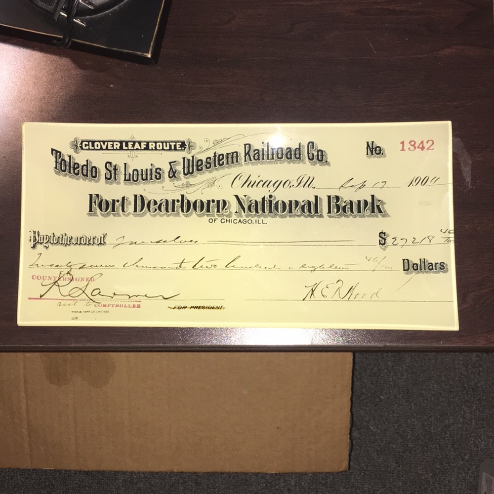 Twos Company Fort Dearborn National Bank Antique Check Bent Glass T…
